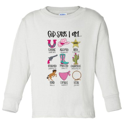 God Says I Am Cowgirl Christian Western Country Bible Verse Toddler Long Sleeve Shirt