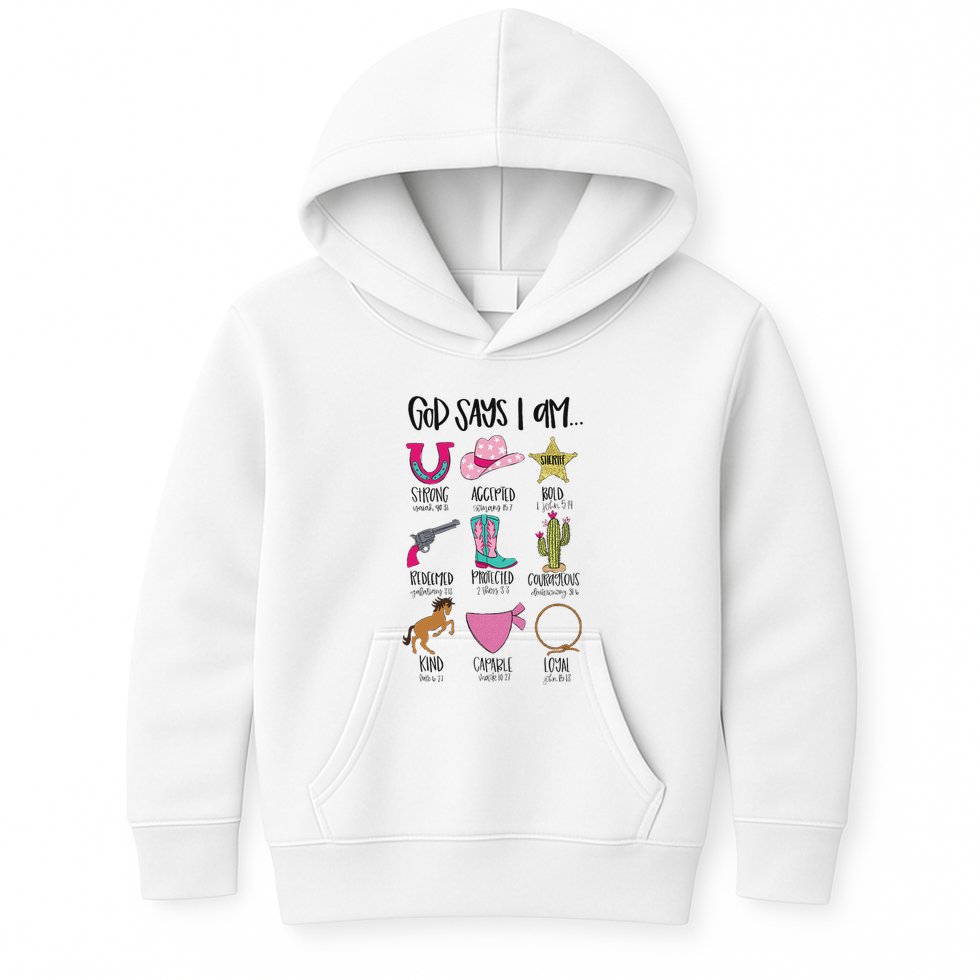 God Says I Am Cowgirl Christian Western Country Bible Verse Kids Hoodie