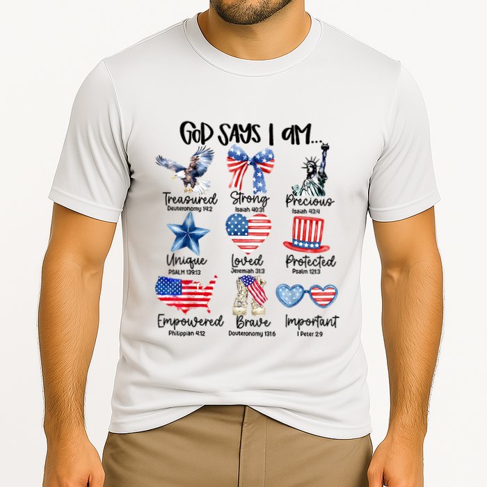 God Says I Am 4th Of July Christian Family Cooling Performance Crew T-Shirt