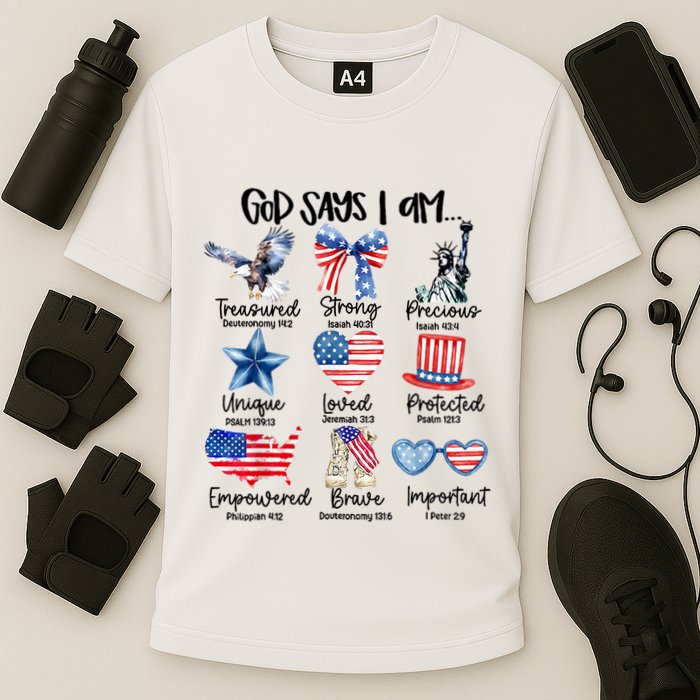 God Says I Am 4th Of July Christian Family Cooling Performance Crew T-Shirt
