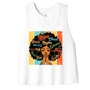 Gods Say I Am Melanin Black History Juneteenth Blm Christian Gift Women's Racerback Cropped Tank