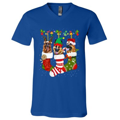 Ger Shepherd In Socks Xmas Reindeer Santa Elf Dog Cool Gift V-Neck T-Shirt