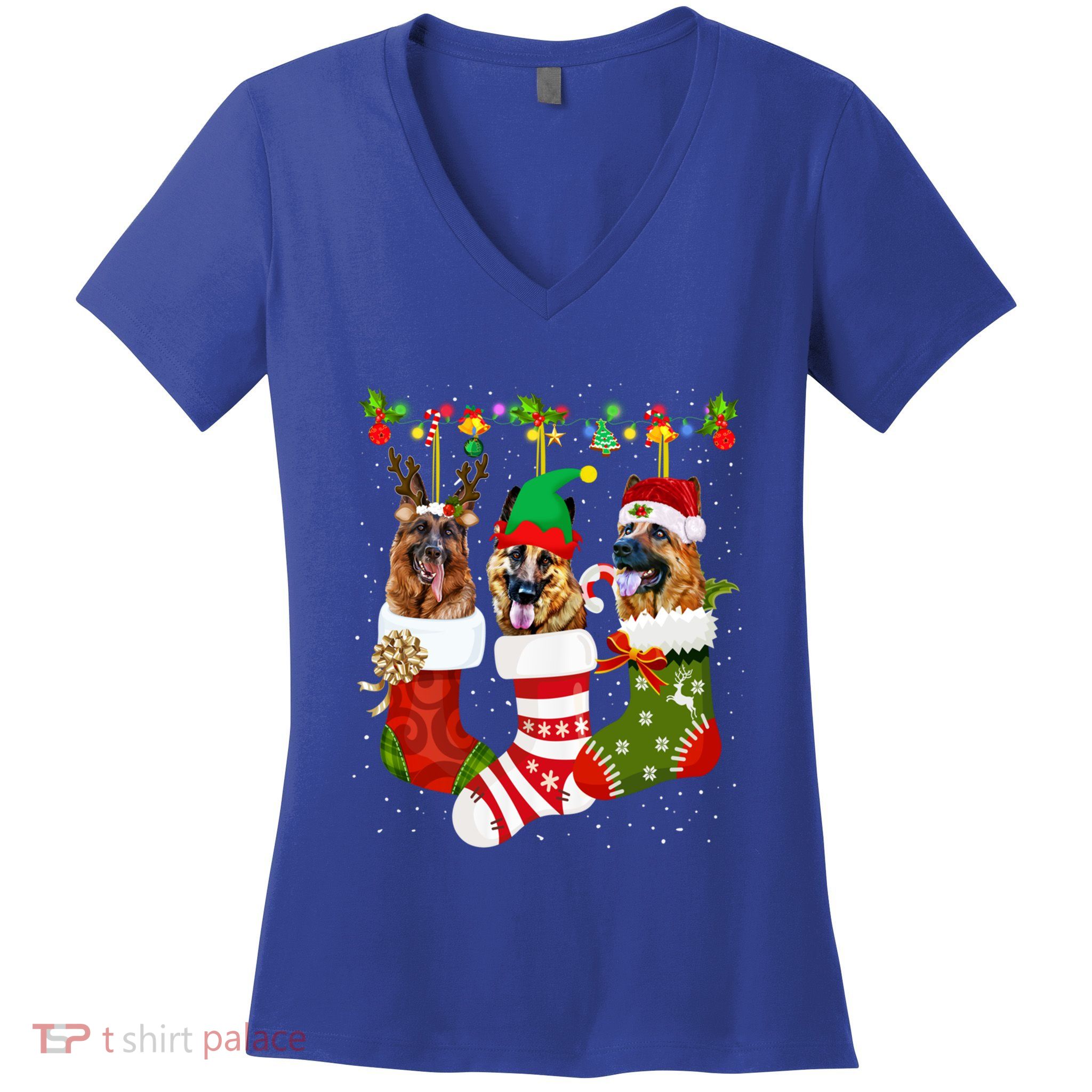 Ger Shepherd In Socks Xmas Reindeer Santa Elf Dog Cool Gift Women's V-Neck T-Shirt