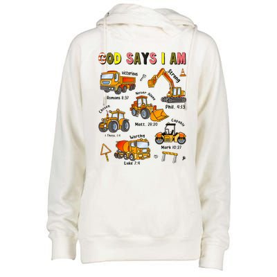 God Says I Am Construction Bible Verse Truck Womens Funnel Neck Pullover Hood