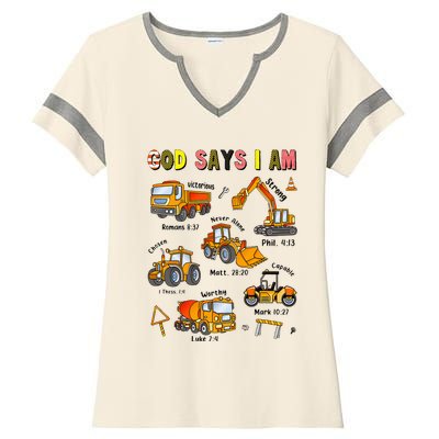 God Says I Am Construction Bible Verse Truck Ladies Halftime Notch Neck Tee