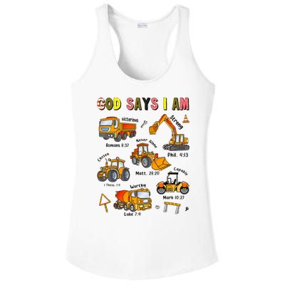 God Says I Am Construction Bible Verse Truck Ladies PosiCharge Competitor Racerback Tank