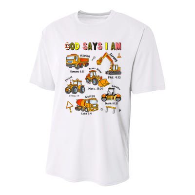 God Says I Am Construction Bible Verse Truck Youth Performance Sprint T-Shirt