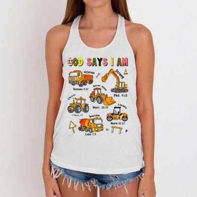 God Says I Am Construction Bible Verse Truck Women's Knotted Racerback Tank