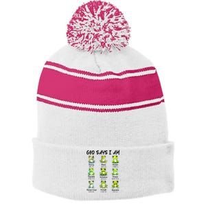 God Says I Am Christian Frog Love Funny Religious Jesus Stripe Pom Pom Beanie