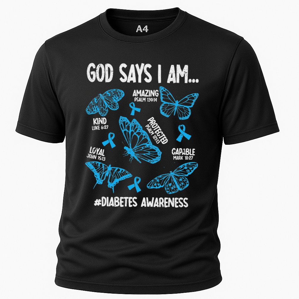 God Says I Am Diabetes Awareness Butterfly Christian Cooling Performance Crew T-Shirt