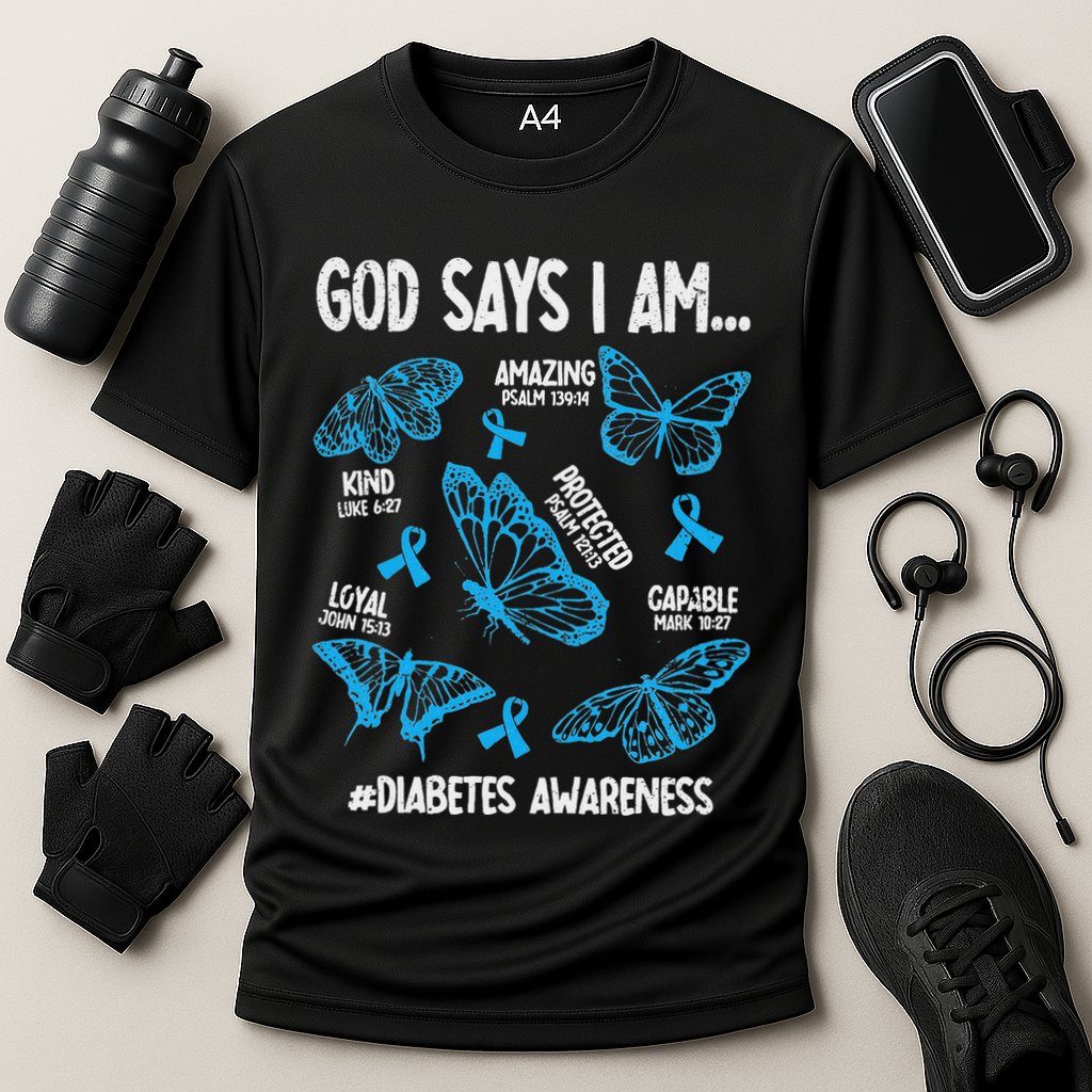God Says I Am Diabetes Awareness Butterfly Christian Cooling Performance Crew T-Shirt
