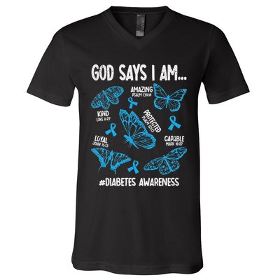 God Says I Am Diabetes Awareness Butterfly Christian V-Neck T-Shirt
