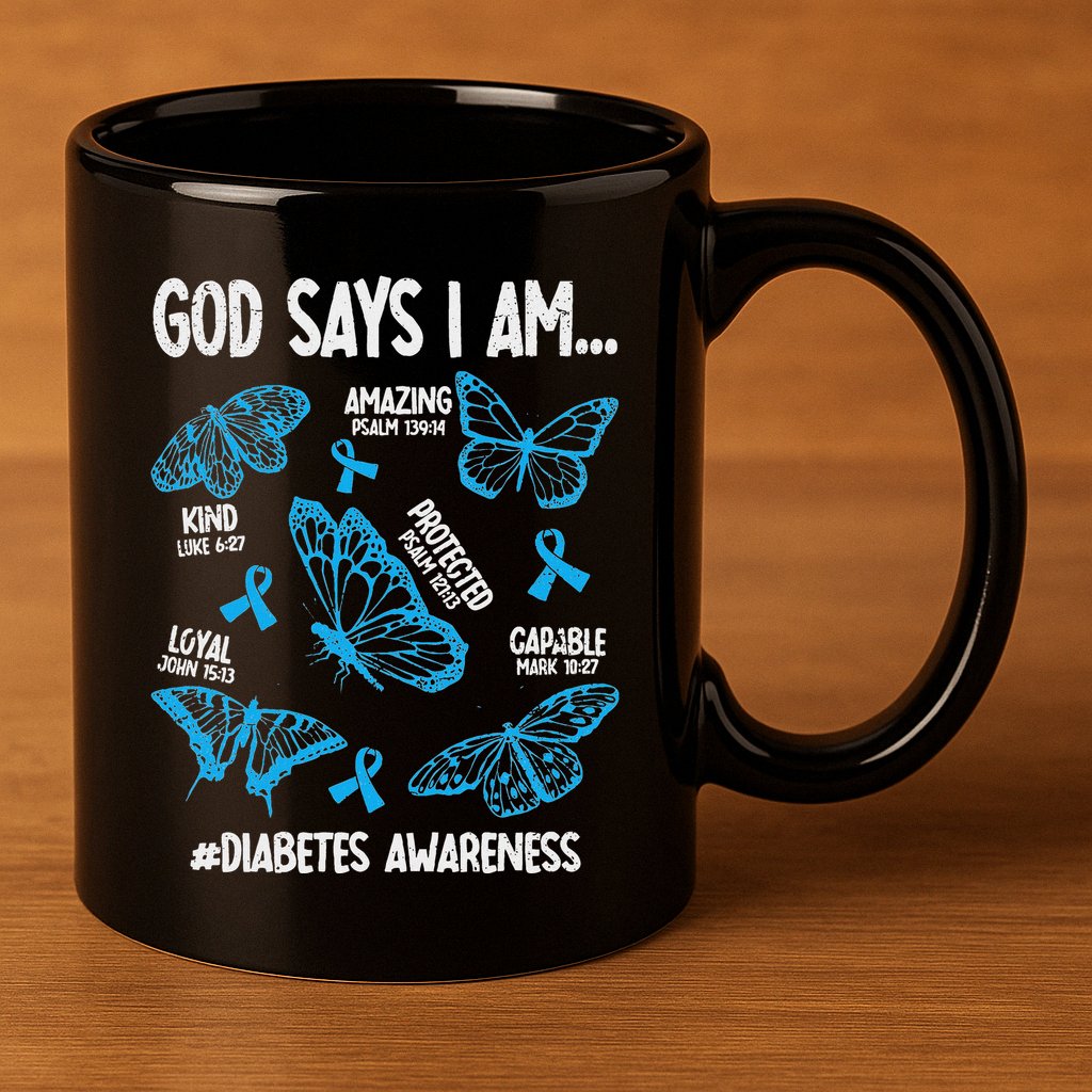 God Says I Am Diabetes Awareness Butterfly Christian 11oz C Handle Ceramic Mug