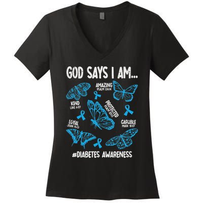 God Says I Am Diabetes Awareness Butterfly Christian Women's V-Neck T-Shirt