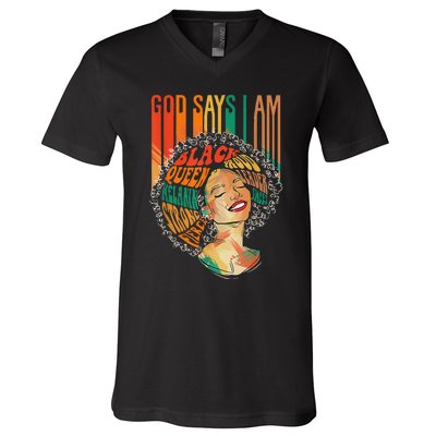 God Says I Am Afro African American Black  History V-Neck T-Shirt