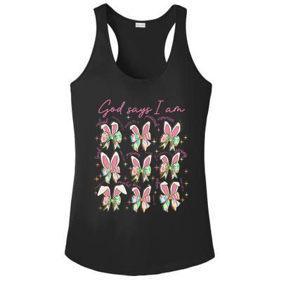 God Says I Am Bunny Ears Coquette Bow Christian Easter Day Ladies PosiCharge Competitor Racerback Tank