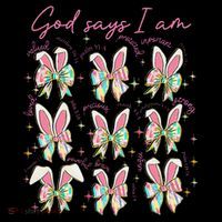 God Says I Am Bunny Ears Coquette Bow Christian Easter Day Pom Pom 12in Knit Beanie