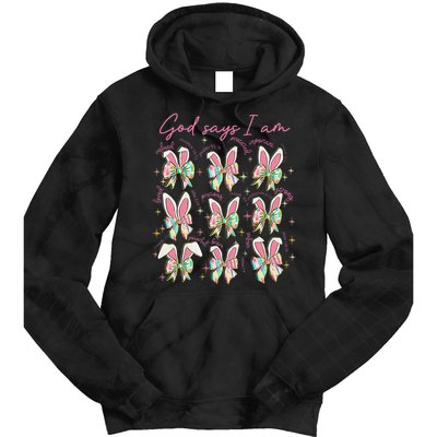 God Says I Am Bunny Ears Coquette Bow Christian Easter Day Tie Dye Hoodie
