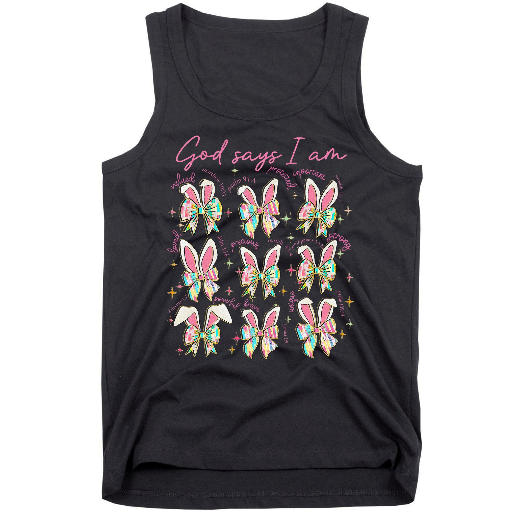 God Says I Am Bunny Ears Coquette Bow Christian Easter Day Tank Top