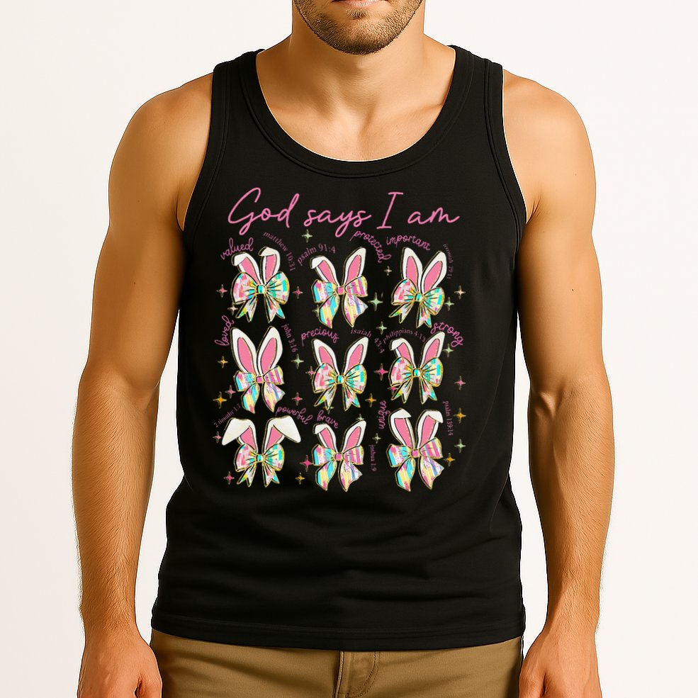 God Says I Am Bunny Ears Coquette Bow Christian Easter Day Tank Top