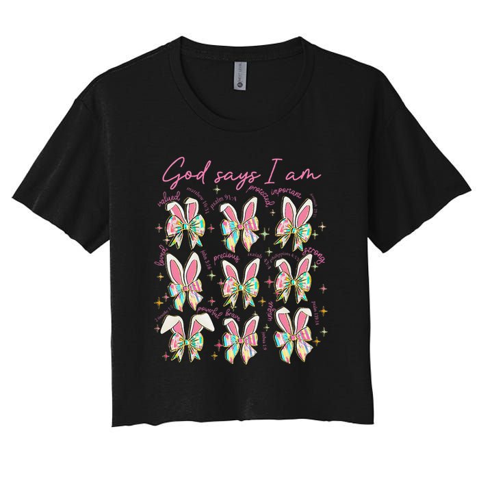 God Says I Am Bunny Ears Coquette Bow Christian Easter Day Women's Crop Top Tee