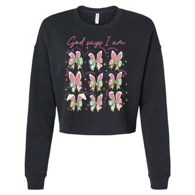 God Says I Am Bunny Ears Coquette Bow Christian Easter Day Cropped Pullover Crew