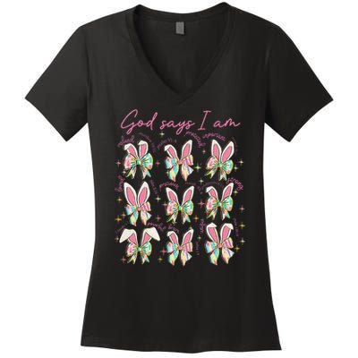 God Says I Am Bunny Ears Coquette Bow Christian Easter Day Women's V-Neck T-Shirt