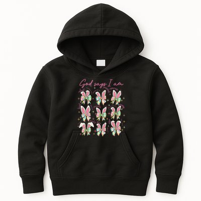 God Says I Am Bunny Ears Coquette Bow Christian Easter Day Kids Hoodie