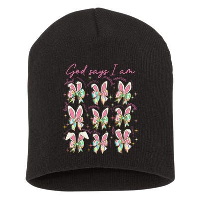 God Says I Am Bunny Ears Coquette Bow Christian Easter Day Short Acrylic Beanie