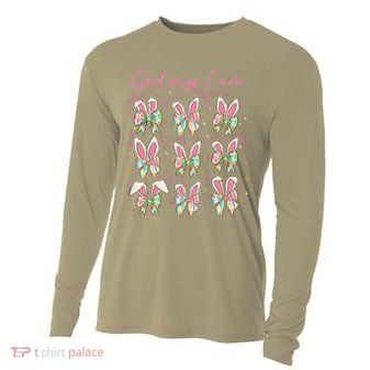 God Says I Am Bunny Ears Coquette Bow Christian Easter Day Cooling Performance Long Sleeve Crew