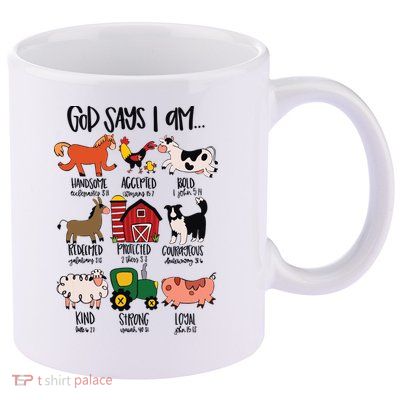 God Says I Am Animals Bible Verse Farmer Womens Kids 11oz C Handle Ceramic Mug