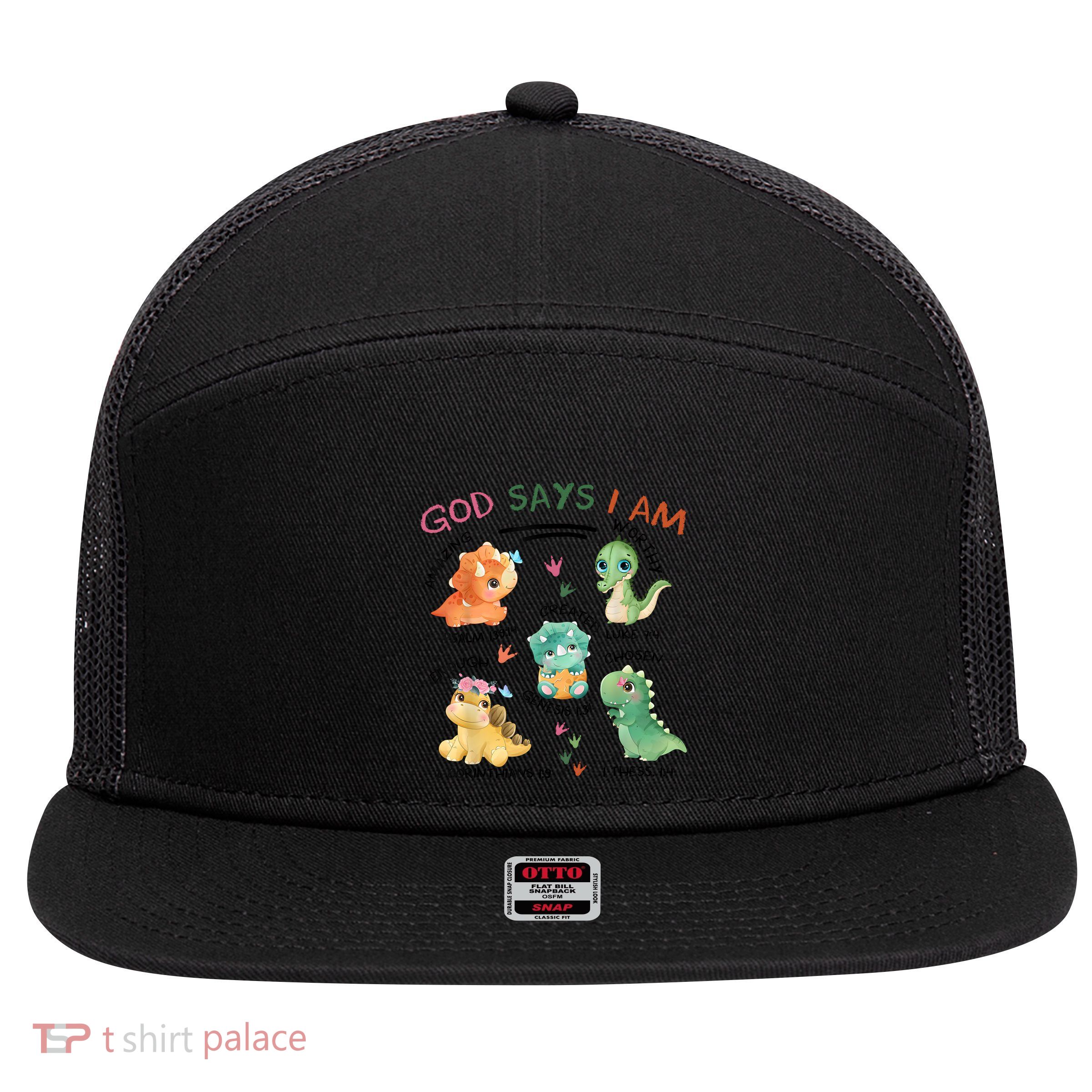 God Says I Am Cute Dinosaur Lovers Bible Christian Kids Boy 7 Panel Mesh Trucker Snapback Hat