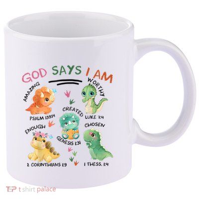 God Says I Am Cute Dinosaur Lovers Bible Christian Kids Boy 11oz C Handle Ceramic Mug