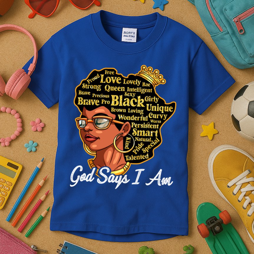 God Says I Am Black History Proud Black Afro Juneteenth Cool Gift Kids T-Shirt