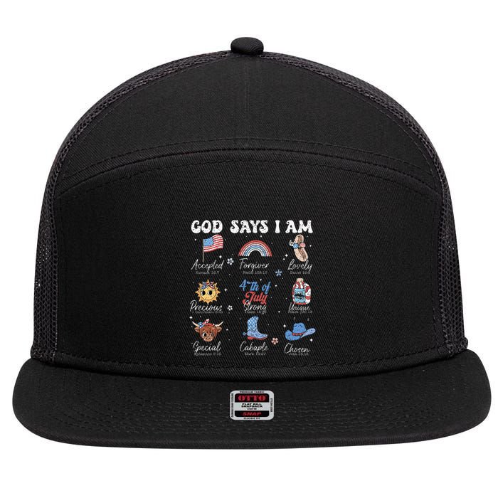 God Says I Am Funny July 4th Bible Verse Christian 7 Panel Mesh Trucker Snapback Hat