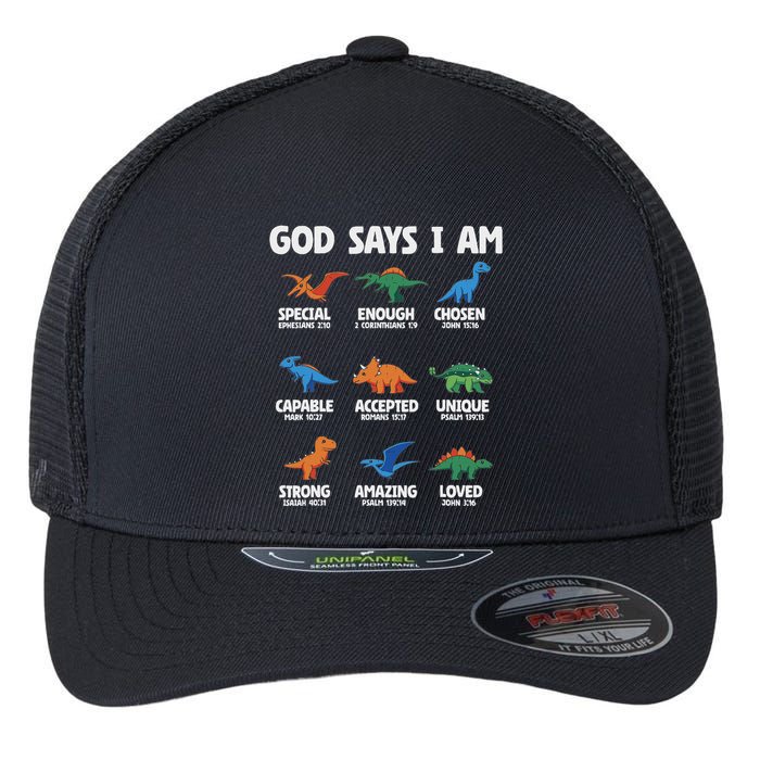 God Says I Am Dinosaur Lover Christian Flexfit Unipanel Trucker Cap