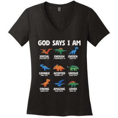 God Says I Am Dinosaur Lover Christian Women's V-Neck T-Shirt
