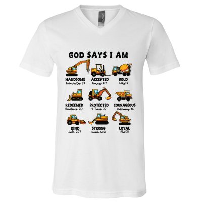 God Says I Am... Construction Trucks Bible Verses V-Neck T-Shirt