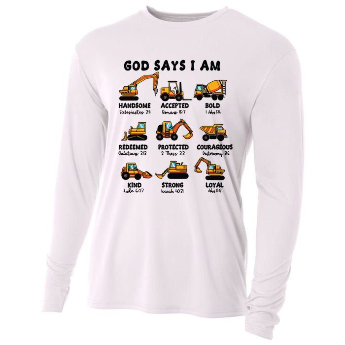 God Says I Am... Construction Trucks Bible Verses Cooling Performance Long Sleeve Crew