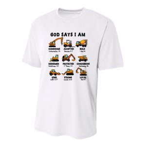 God Says I Am... Construction Trucks Bible Verses Youth Performance Sprint T-Shirt