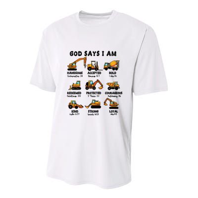 God Says I Am... Construction Trucks Bible Verses Youth Performance Sprint T-Shirt