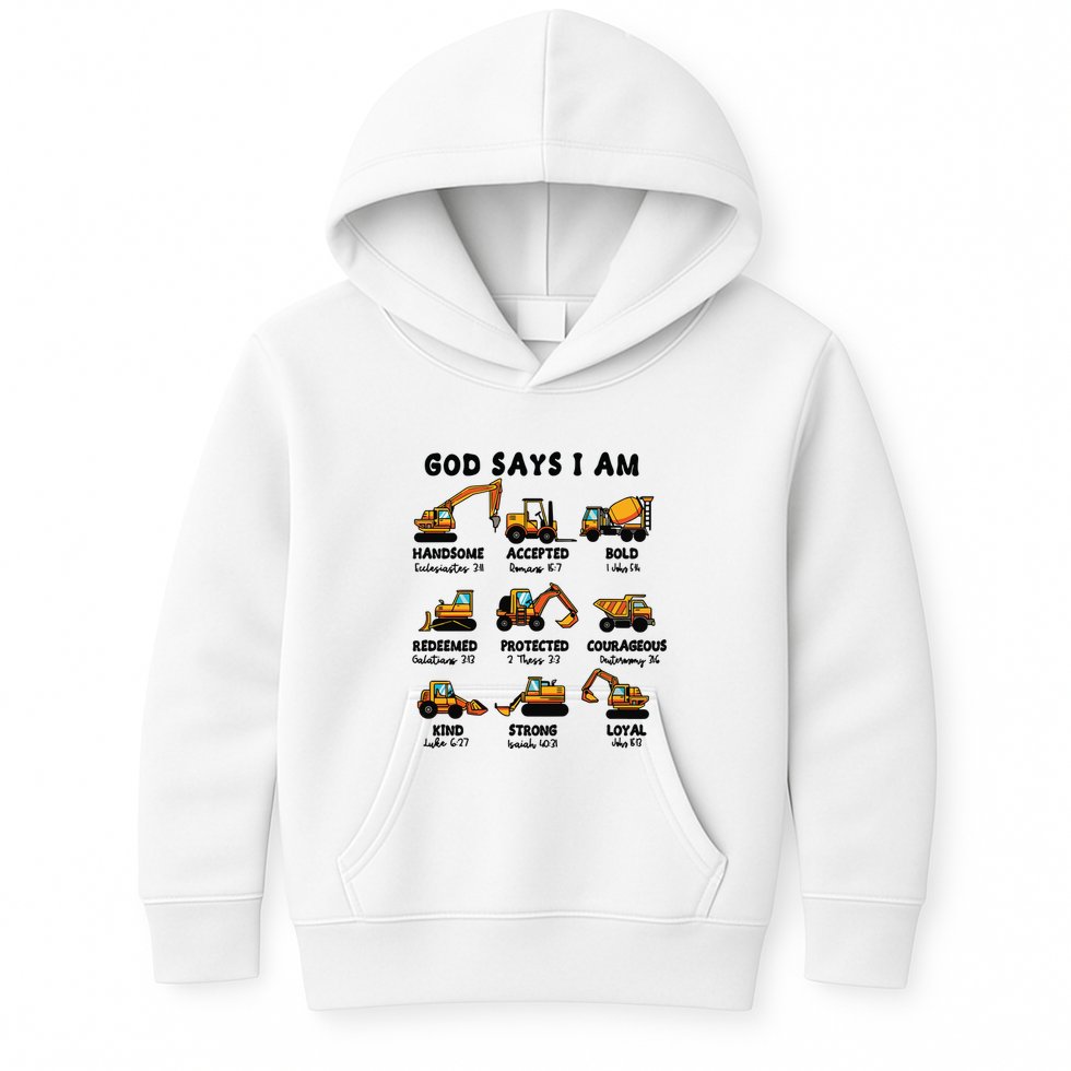 God Says I Am... Construction Trucks Bible Verses Kids Hoodie