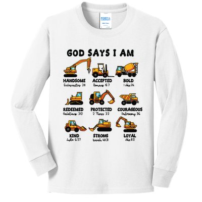 God Says I Am... Construction Trucks Bible Verses Kids Long Sleeve Shirt