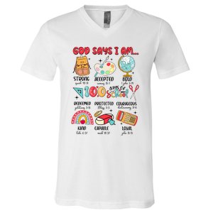 God Says I Am 100 Days Of School V-Neck T-Shirt