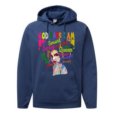 God Says I Am Juneteenth Black Black History Month Blm Funny Gift Performance Fleece Hoodie