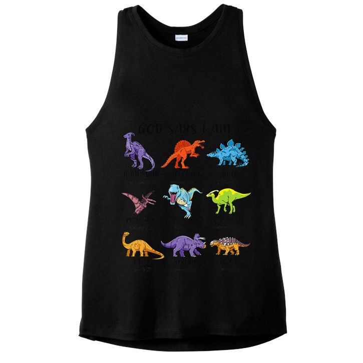 God Says I Am Funny Dinosaur Bible Verse Christian Ladies PosiCharge Tri-Blend Wicking Tank