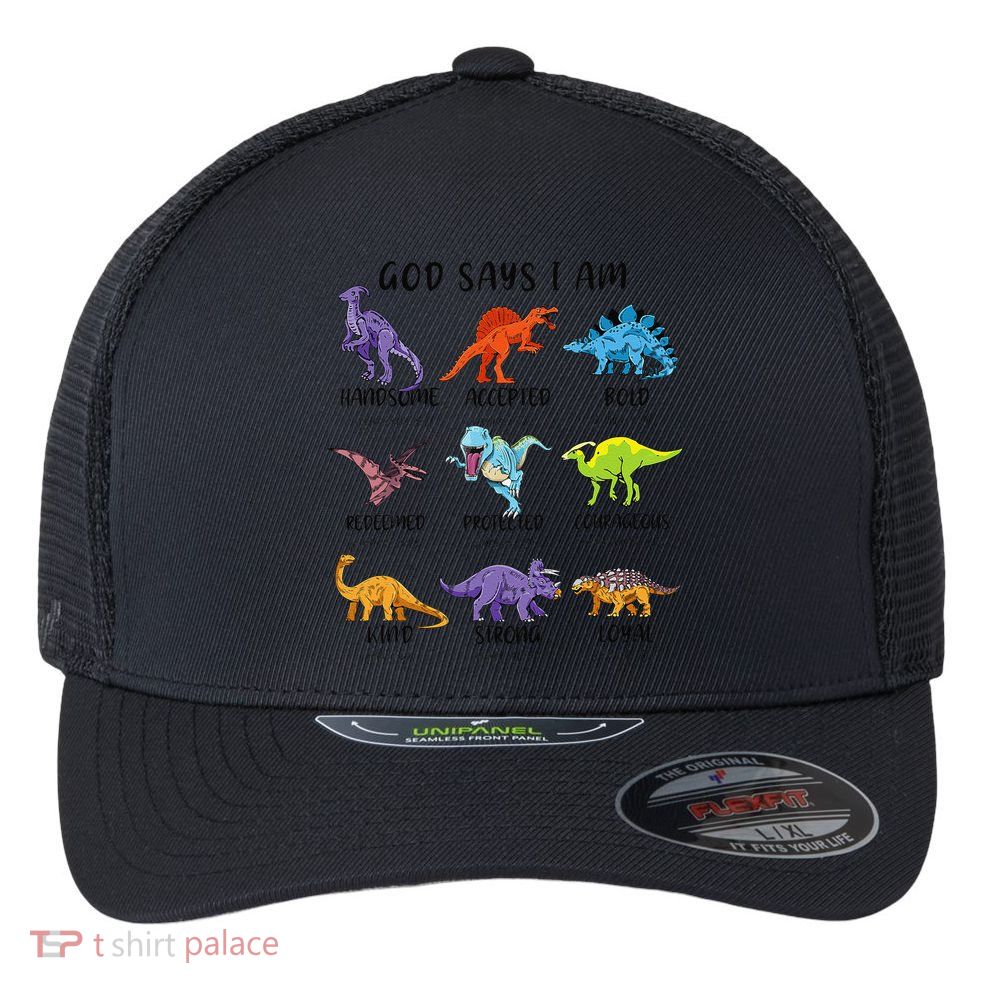 God Says I Am Funny Dinosaur Bible Verse Christian Flexfit Unipanel Trucker Cap