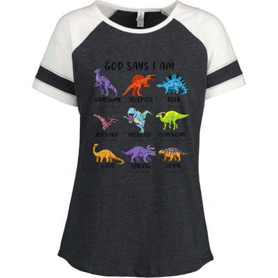 God Says I Am Funny Dinosaur Bible Verse Christian Enza Ladies Jersey Colorblock Tee