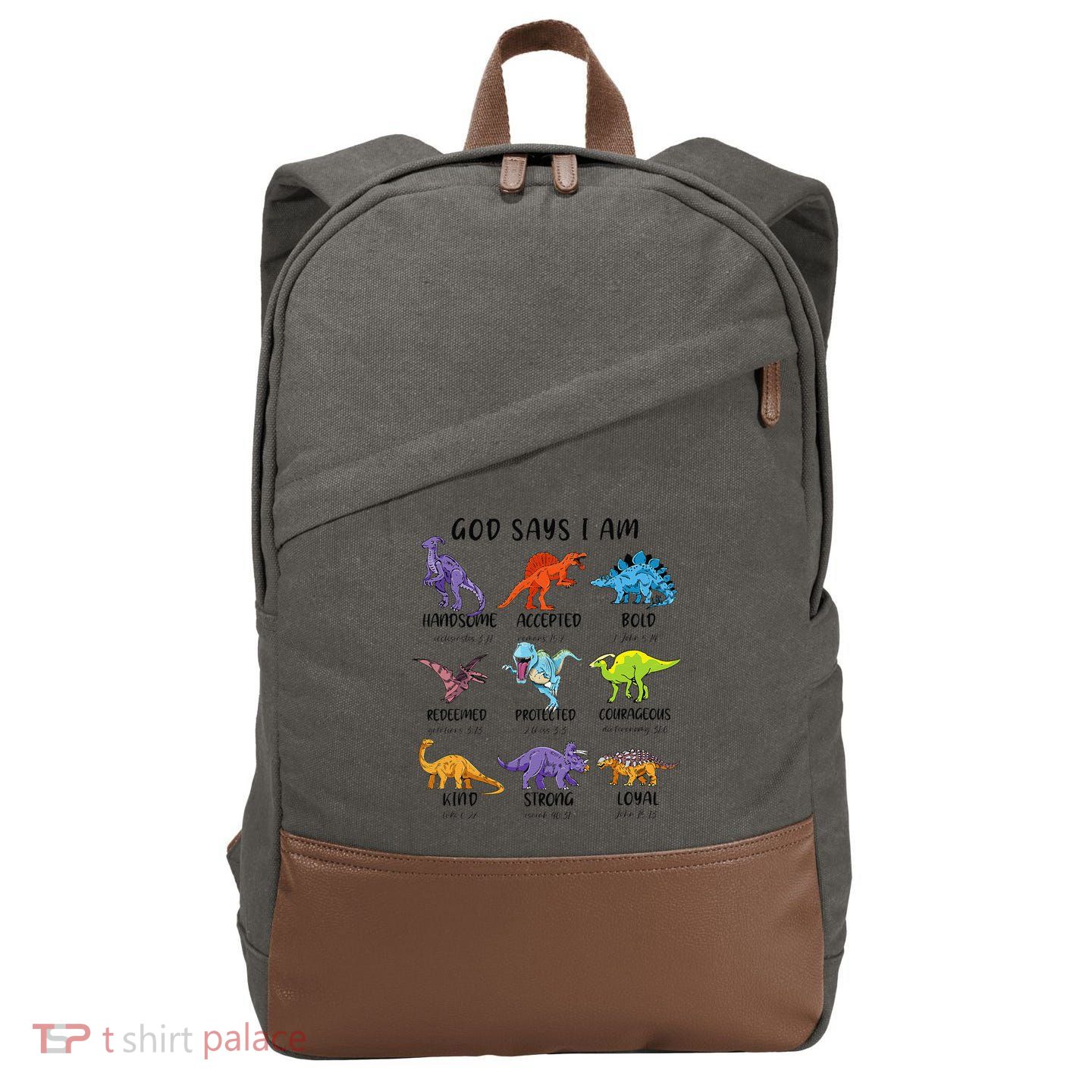 God Says I Am Funny Dinosaur Bible Verse Christian Cotton Canvas Backpack