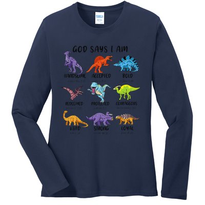 God Says I Am Funny Dinosaur Bible Verse Christian Ladies Long Sleeve Shirt